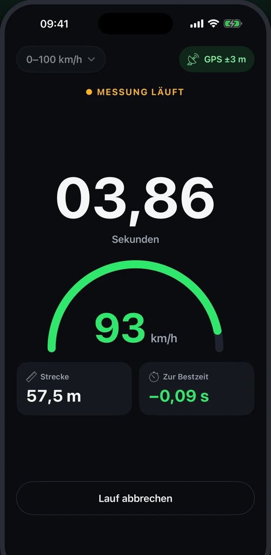Speedbox Messbildschirm mit 3,86 Sekunden, 93 km/h und Live-Vergleich zur Bestzeit