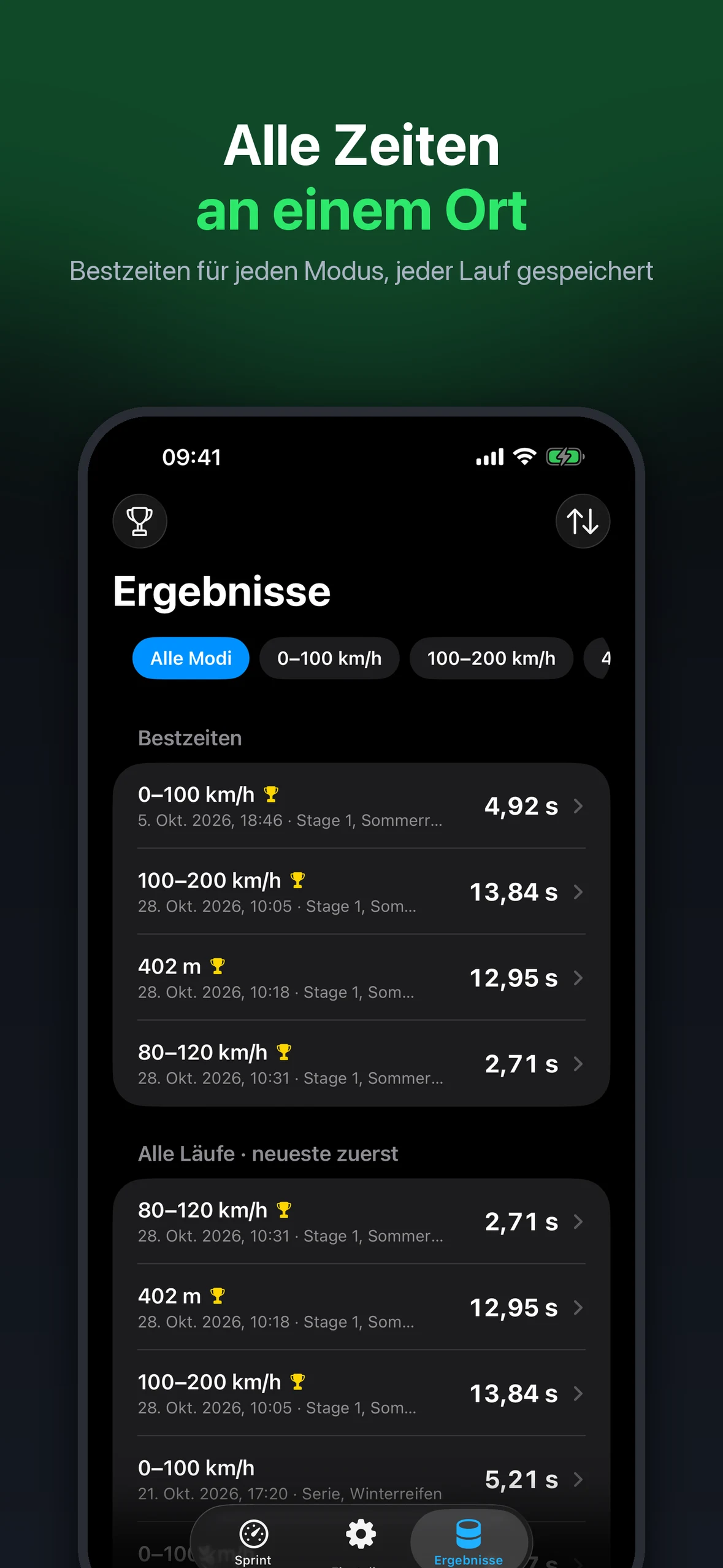 Gespeicherte Ergebnisse und persönliche Bestzeiten